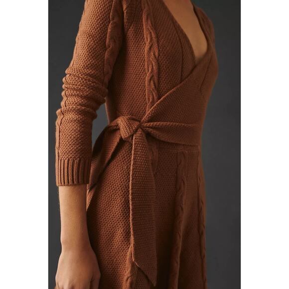 Anthropologie Greylin Brown Cable Knit Wrap Sweater Dress Small - Picture 2 of 12